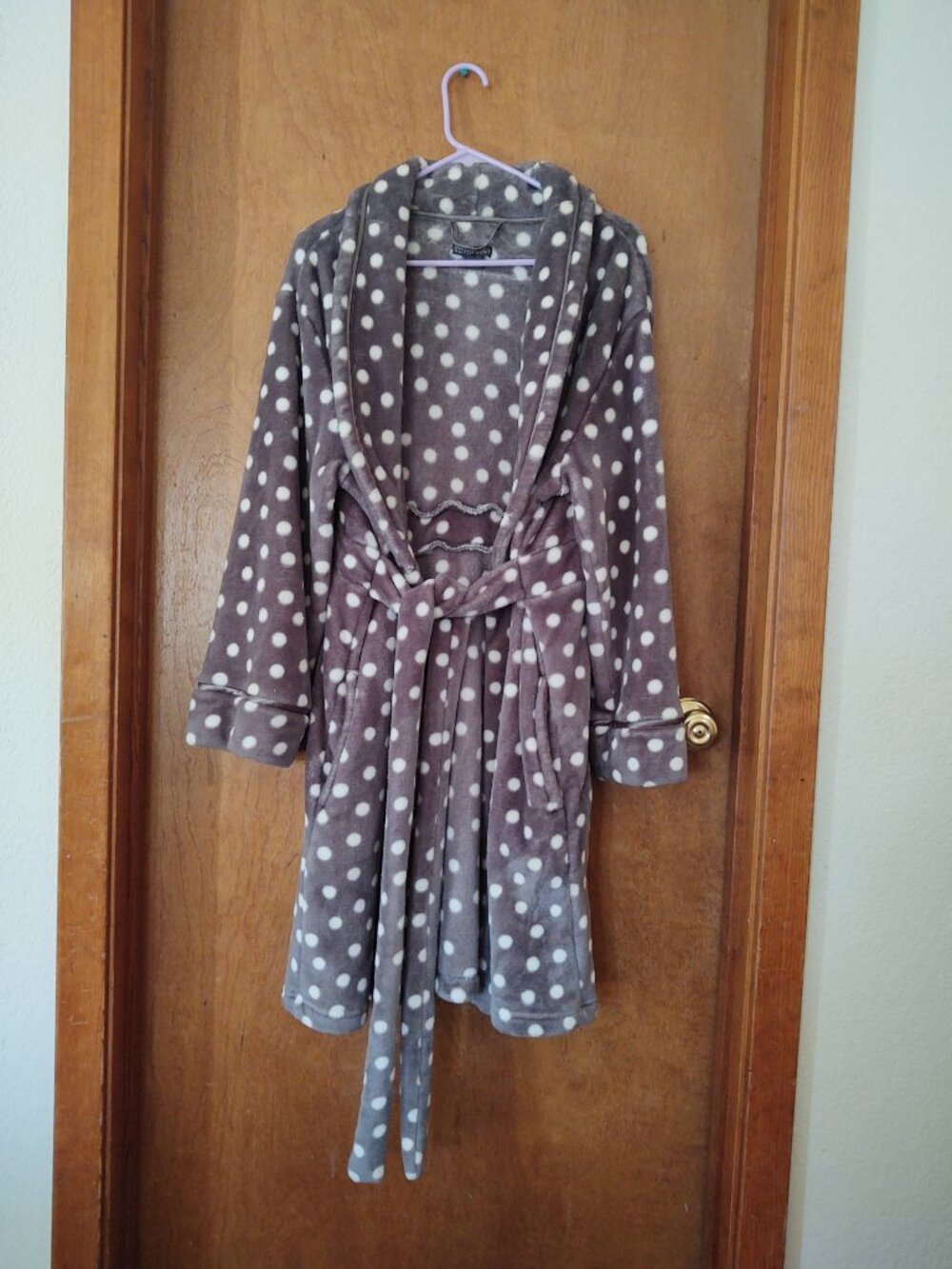Plush Gray Polka Dot Covington Robe Womens Bathrobe Tie Front Large Slippers